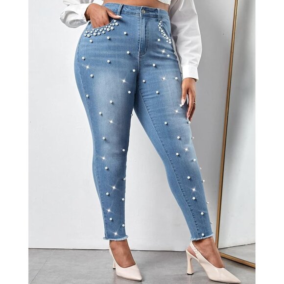 Women's High Rise Slim Fit Denim Jeans Pearl Beaded Frayed Fringe - Picture 3 of 7